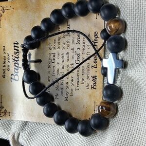 Bracelet Baptism Beaded Black And Brown/Cross Gift Package New